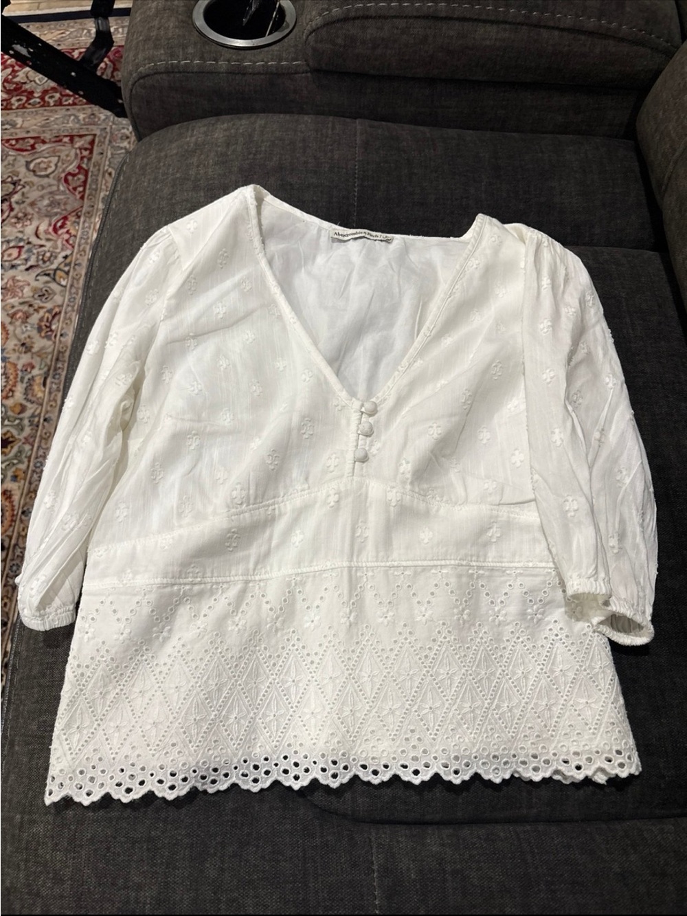 Abercrombie & Fitch White Eyelet V-Neck Tunic with Button Placket